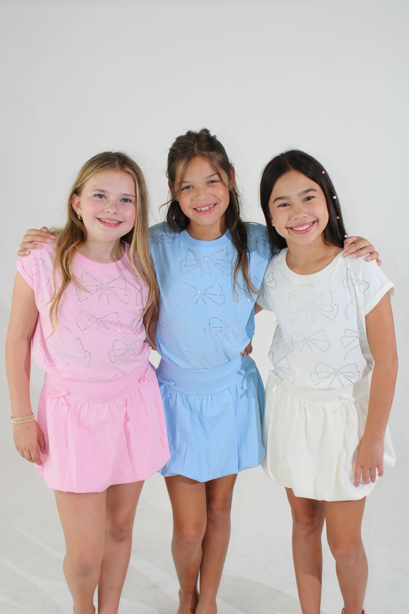 Clear Sky Rhinestone Bows Top - Doodlebug's Children's Boutique