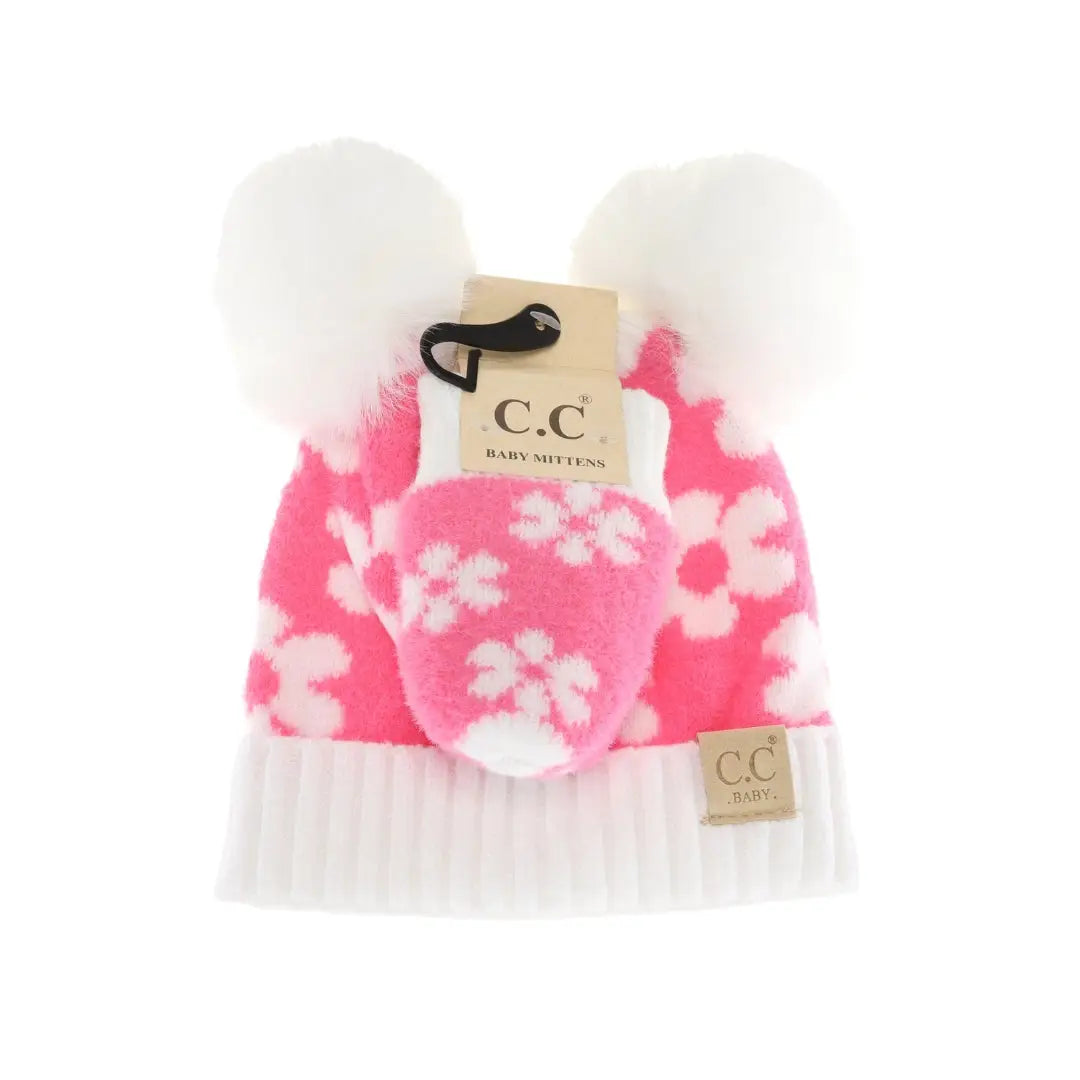 Candy Pink Daisy Double Pom Beanie and Mittens Set - Doodlebug's Children's Boutique