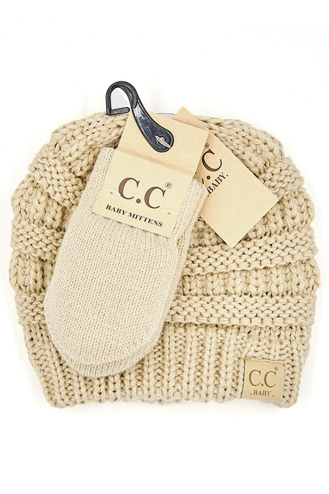 Beige Ribbed Baby Beanie and Mittens Set
