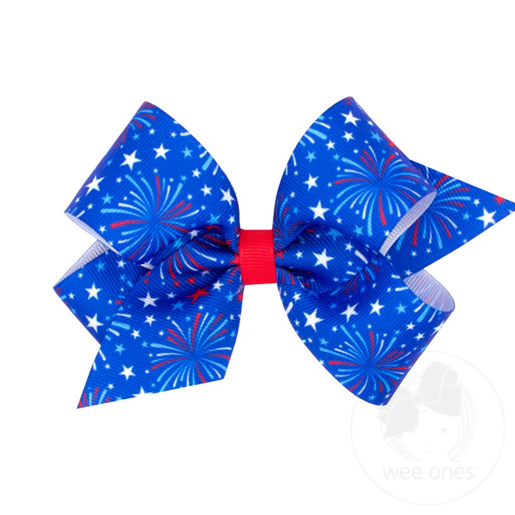 Medium Patriotic Fireworks Printed Grosgrain Girls Hair Bow - Doodlebug's Children's Boutique