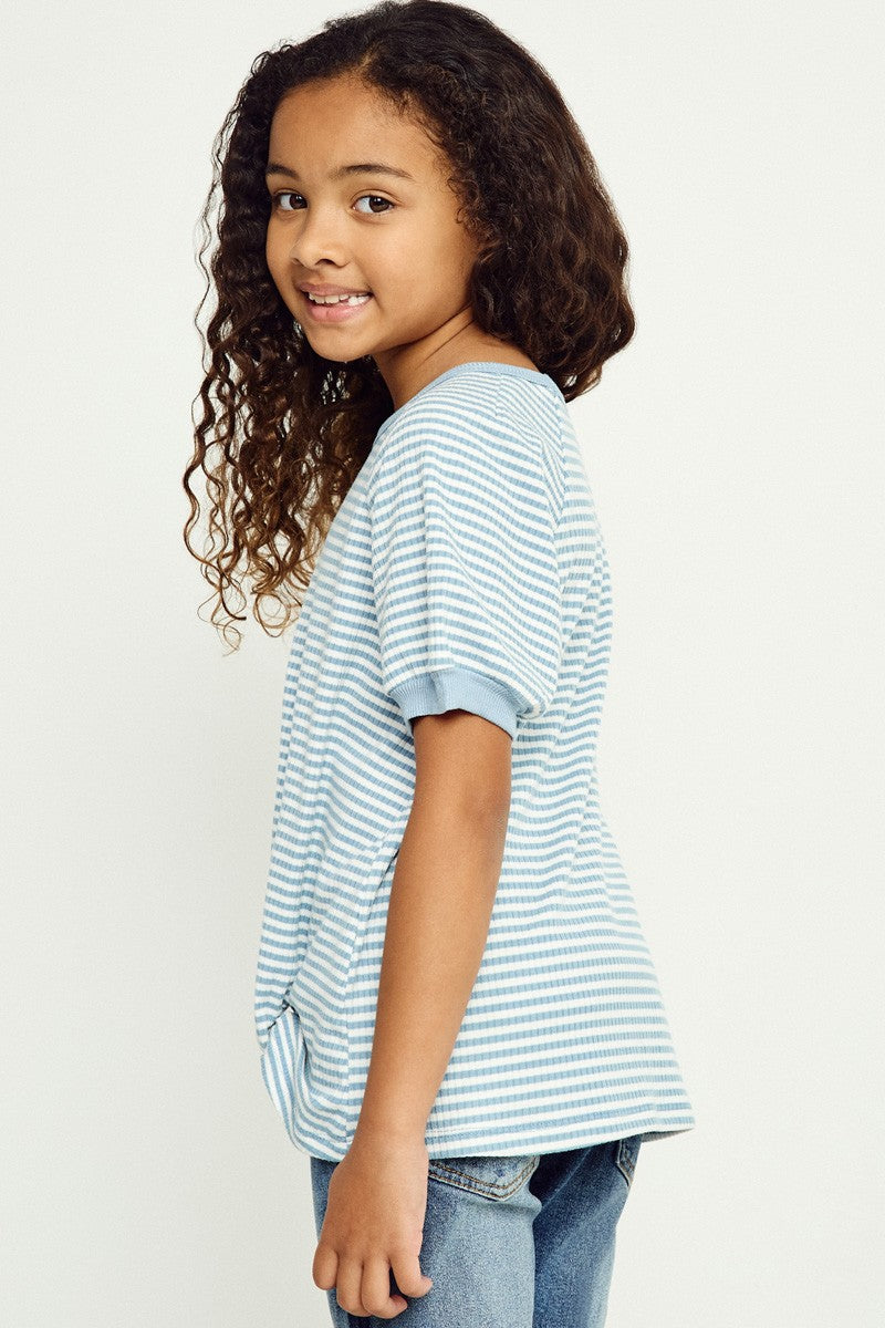 Light Blue Stripe Ribbed Tucked Hem Tee - Doodlebug's Children's Boutique
