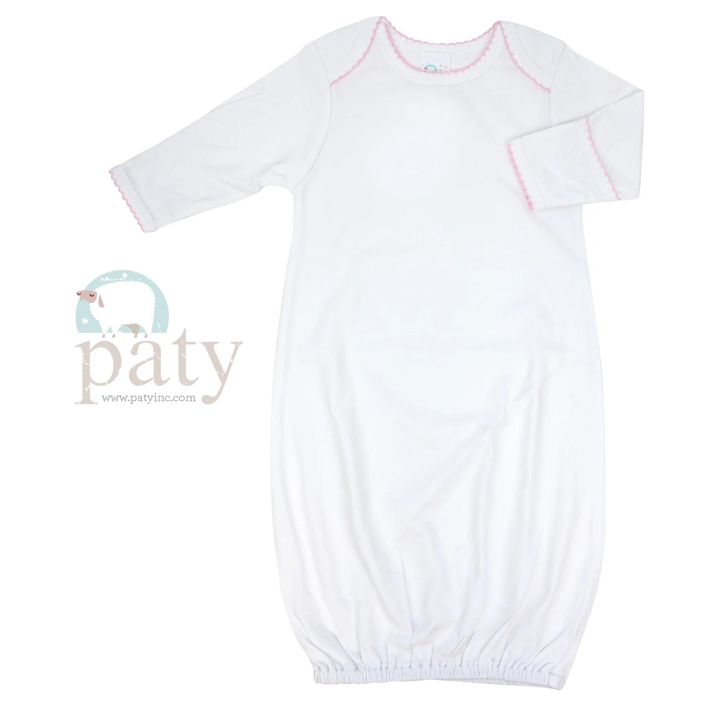 Pima Overlap Shoulder Gown in White with Pink Picot Trim - Doodlebug's Children's Boutique