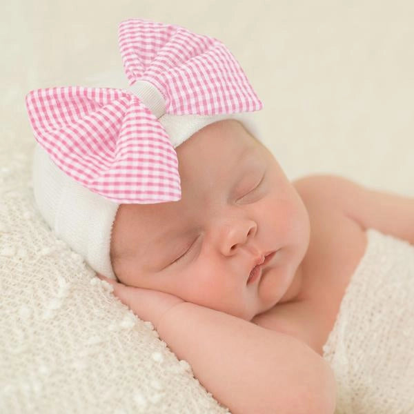 Gingham Seersucker Bow Newborn Hospital Hat - Doodlebug's Children's Boutique