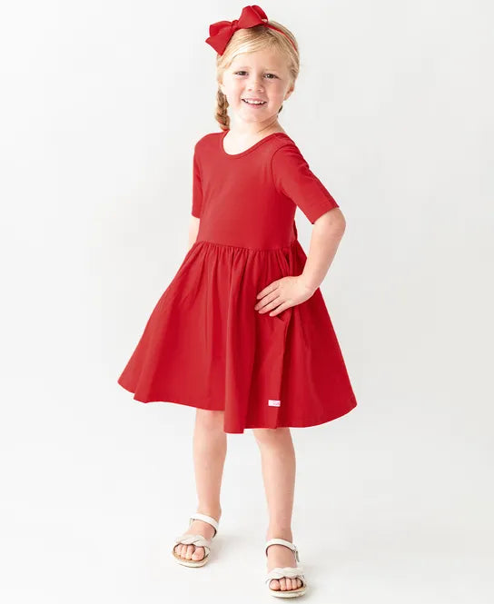 Short Sleeve Knit Twirl Dress in True Red - Doodlebug's Children's Boutique