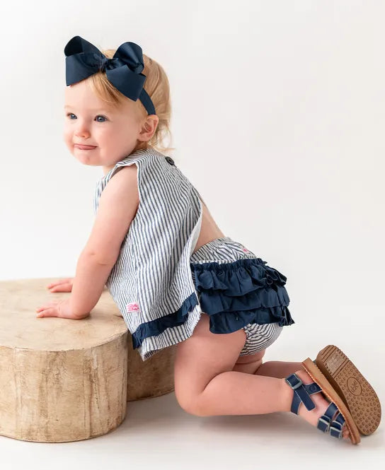 Woven Ruffle Swing Top and Bloomer Set in Navy Seersucker - Doodlebug's Children's Boutique