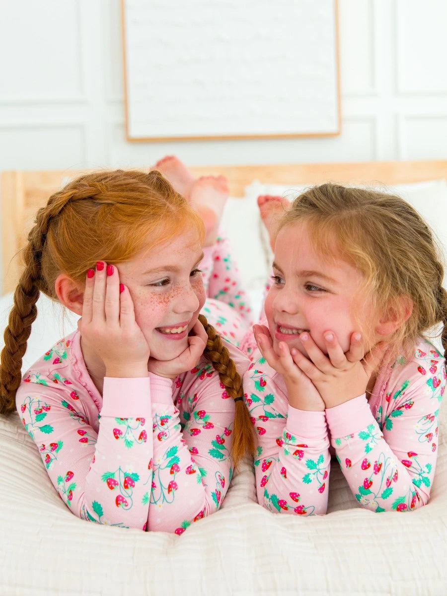 Ruffle Long Sleeve Pajama Set in Sweet as Strawberries - Doodlebug's Children's Boutique