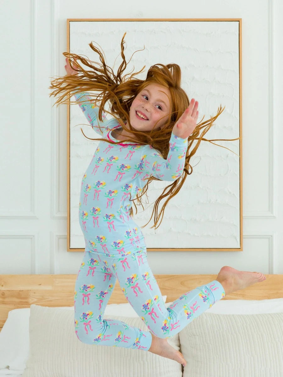 Ruffle Long Sleeve Pajama Set in Bows and Bouquets - Doodlebug's Children's Boutique