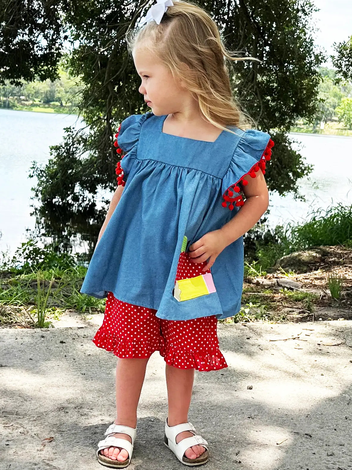 Blue Chambray Apple Top with Red Polka Dot Shorts Set - Doodlebug's Children's Boutique