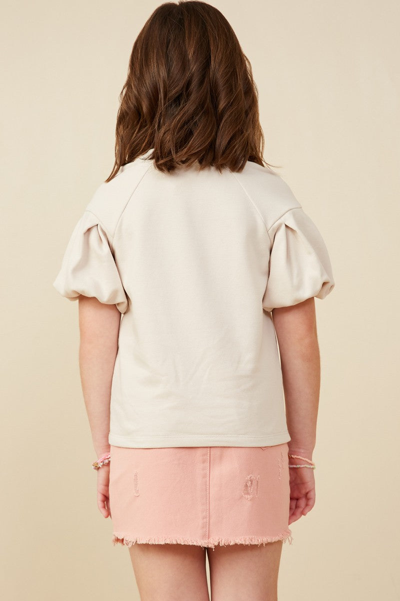 Beige Pleated Puff Sleeve Top - Doodlebug's Children's Boutique