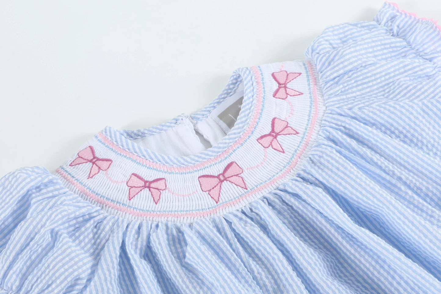 Blue Seersucker Bow Smocked Bishop Dress - Doodlebug's Children's Boutique