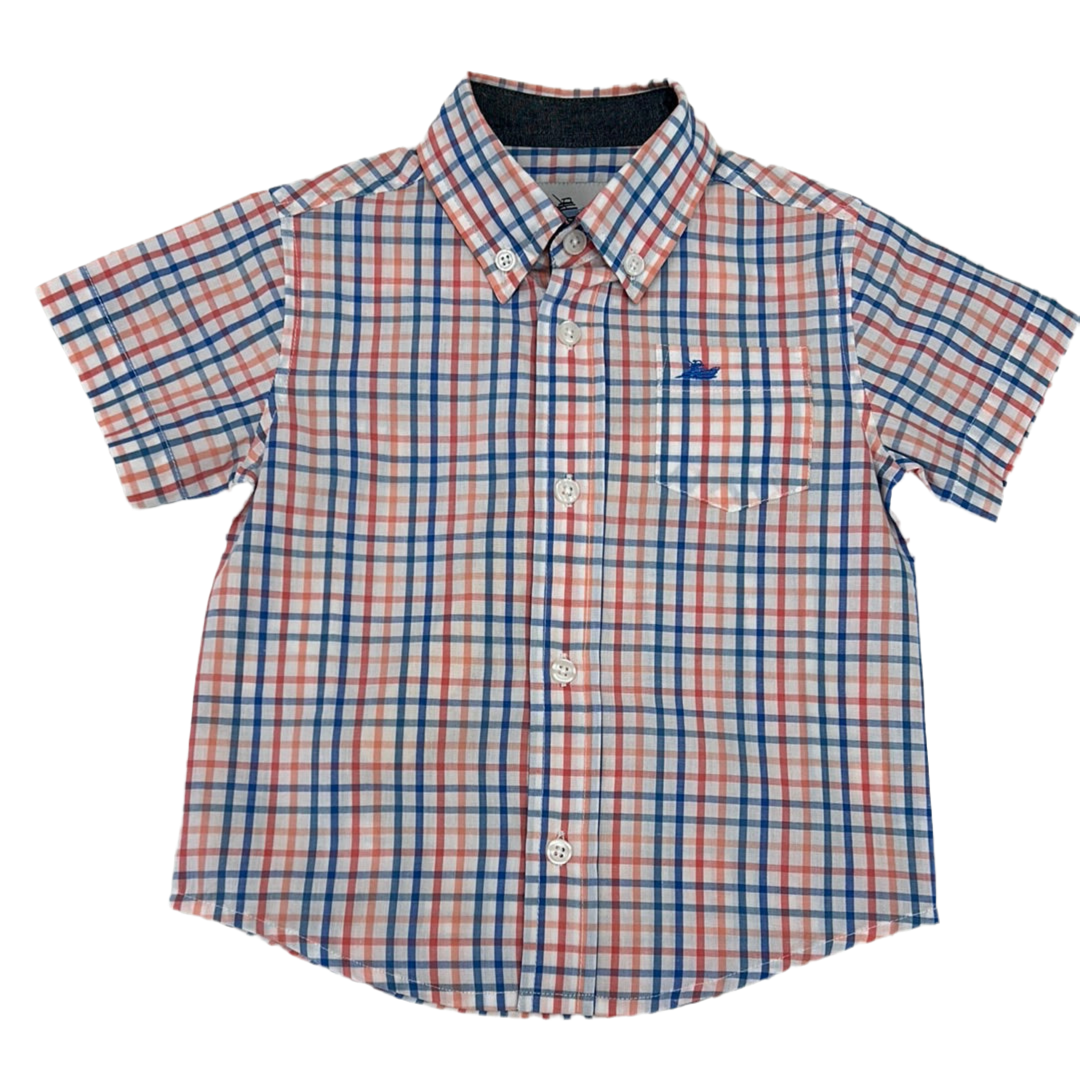Destin Dress Shirt in Regatta Blue and Coral - Doodlebug's Children's Boutique