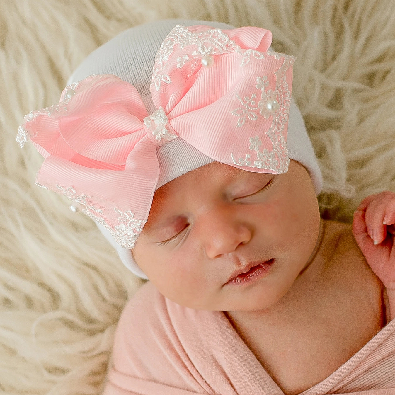 Lace and Pearl Bow Newborn Hospital Hat - Doodlebug's Children's Boutique