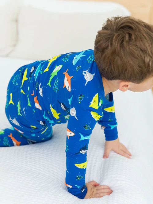 Long Sleeve Pajama Set in Happy Sharks - Doodlebug's Children's Boutique