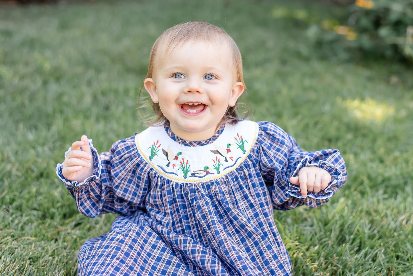 Blue Plaid Mallard Smocked Bishop Dress - Doodlebug's Children's Boutique