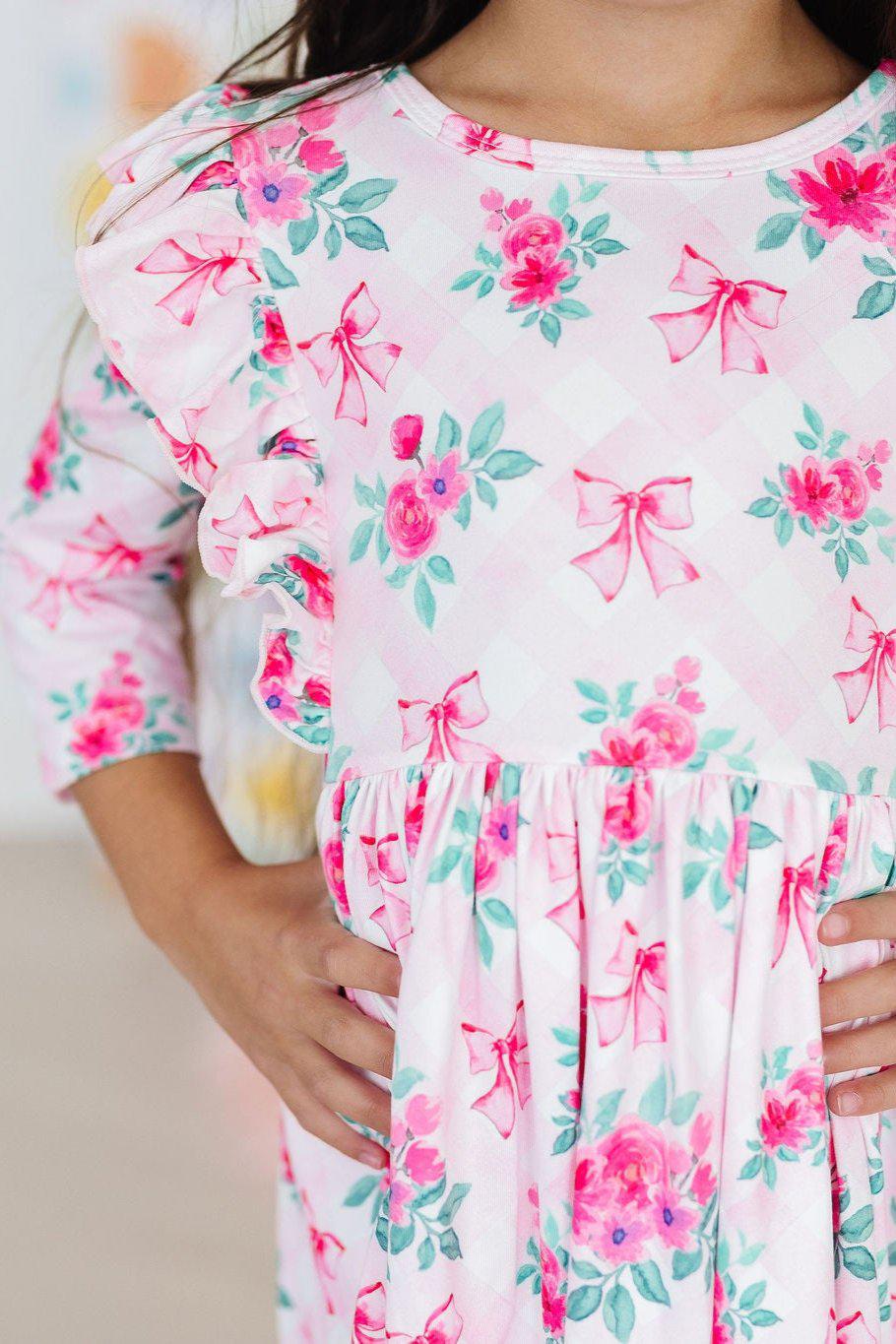 Gingham Bows 3/4 Sleeve Ruffle Twirl Dress - Doodlebug's Children's Boutique