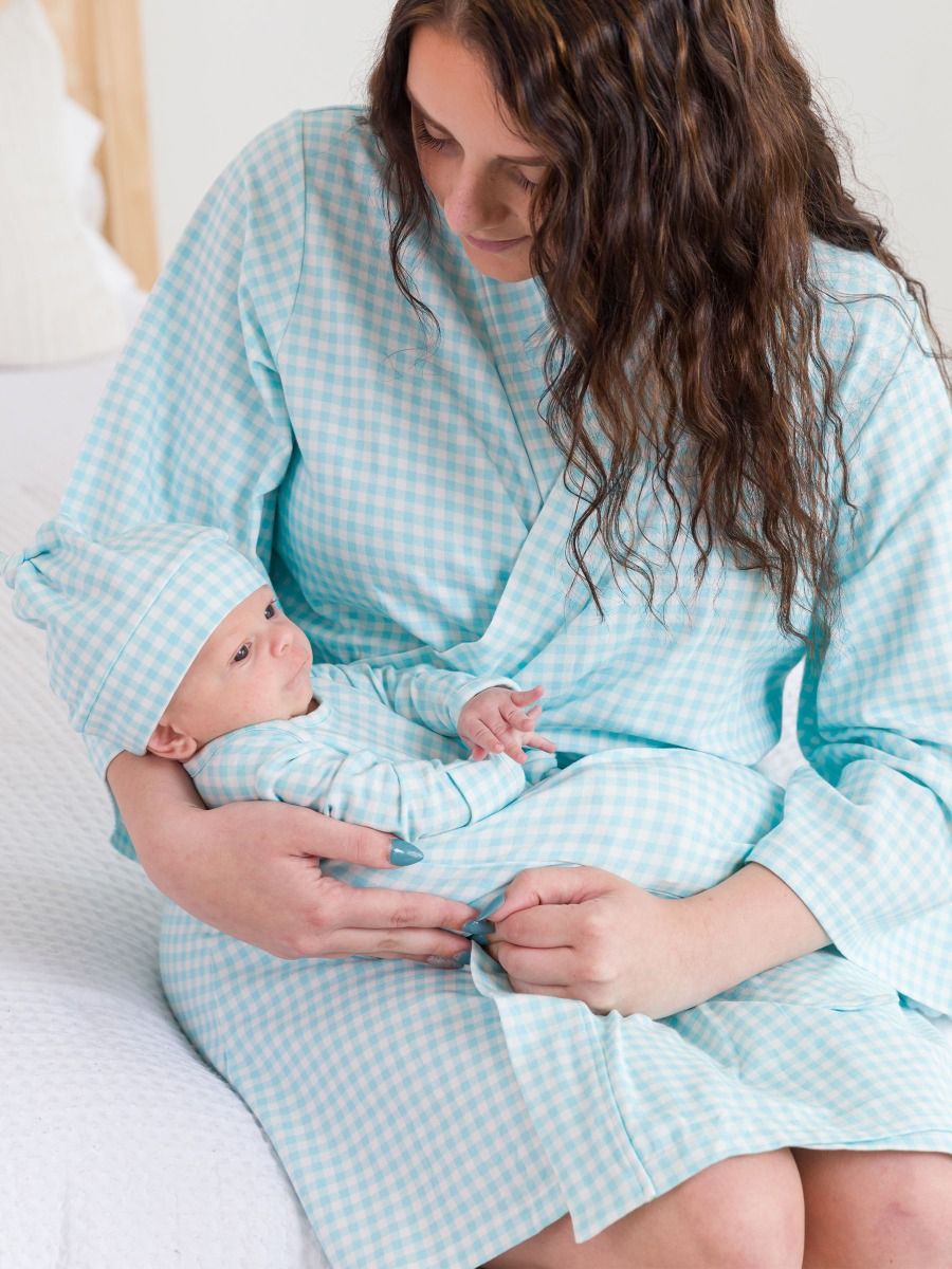 Blue Breeze Gingham Maternity Robe