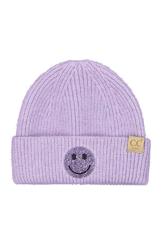 Lavender Rhinestone Smiley Kids Beanie - Doodlebug's Children's Boutique
