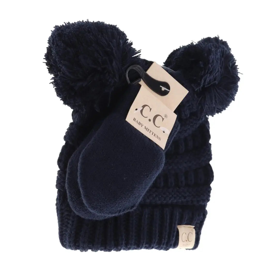 Navy Knit Double Pom Beanie and Mittens Set - Doodlebug's Children's Boutique