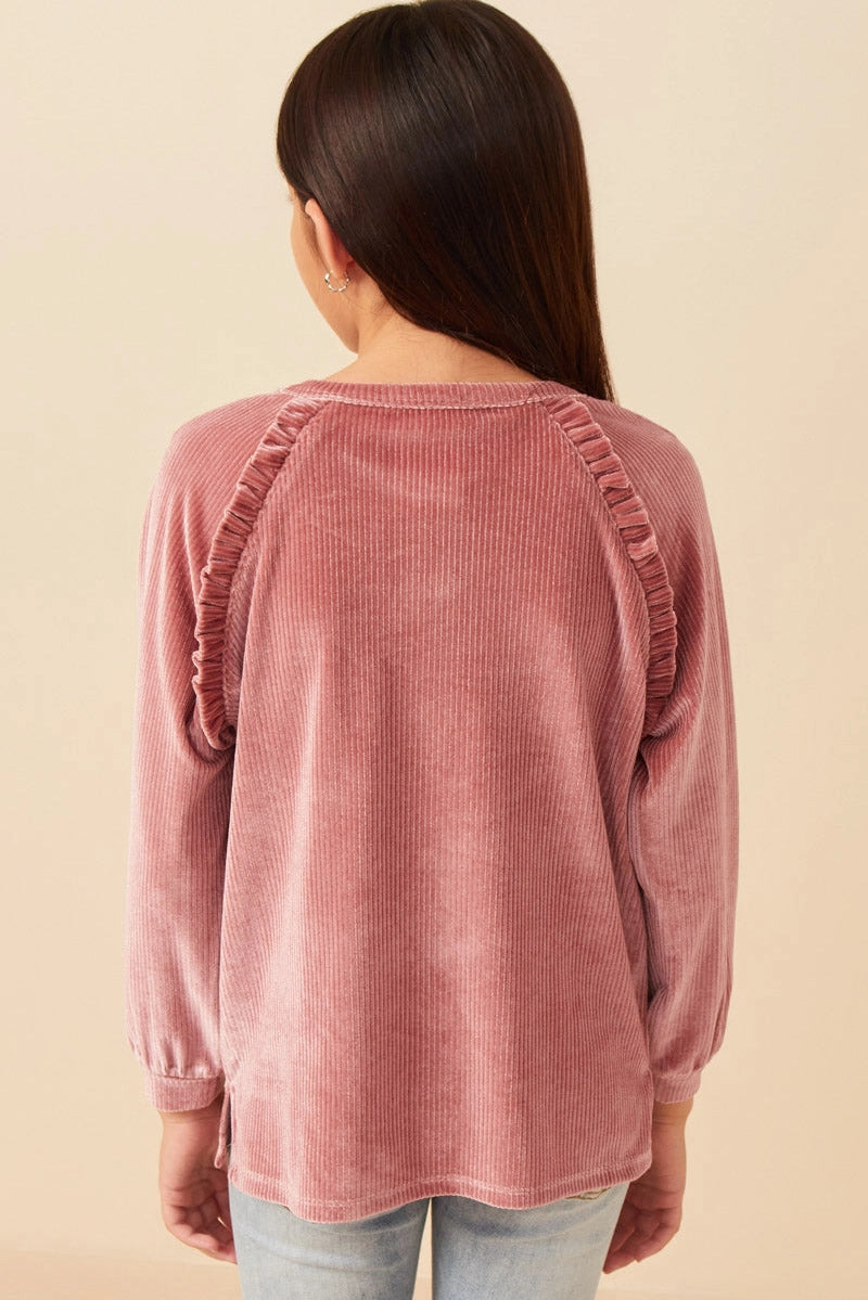 Mauve Ruffle Ribbed Velvet Top