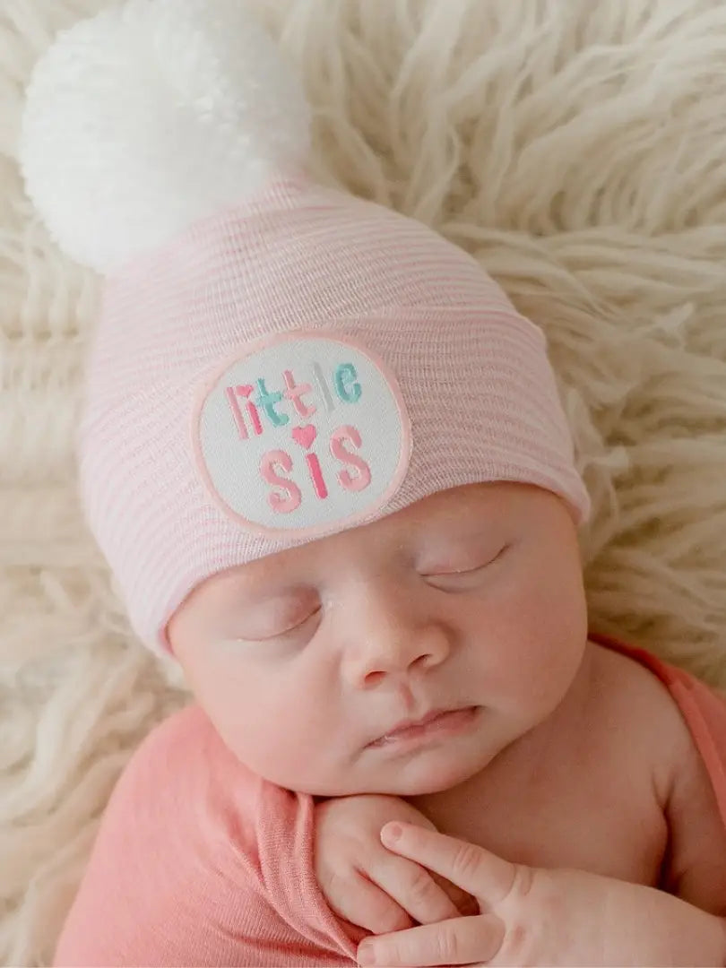 Little Sis Pom Newborn Hospital Hat - Doodlebug's Children's Boutique