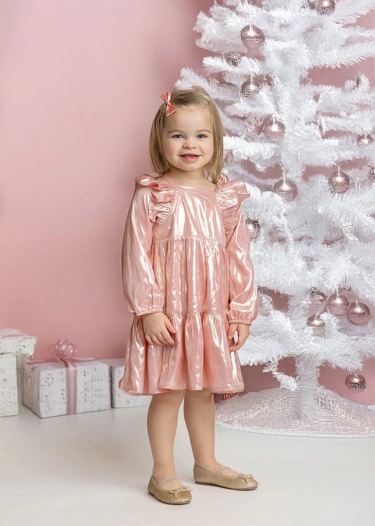 Rosy Glow Metallic Ruffle Dress