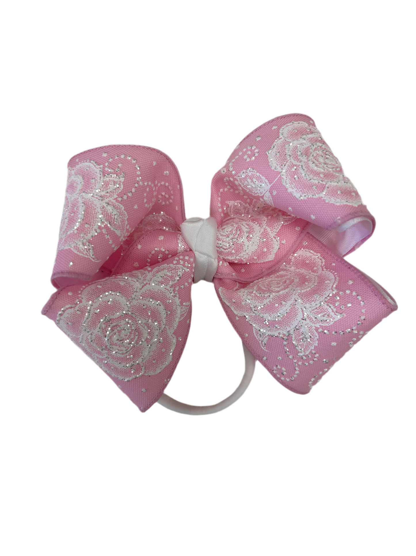 Pink Rose Layered Bow with Glitter Nylon Headband - Doodlebug's Children's Boutique