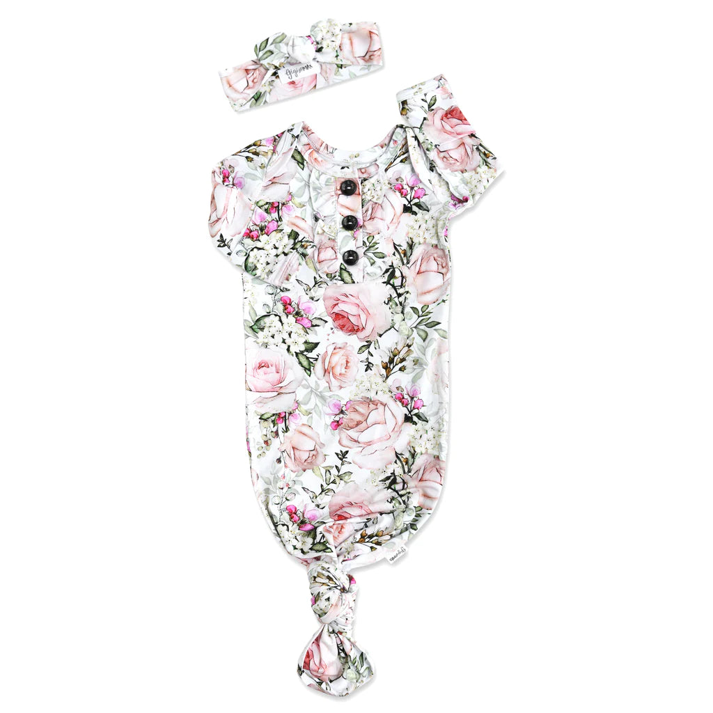 Caroline Knotted Ruffle Button Gown and Headband - Doodlebug's Children's Boutique