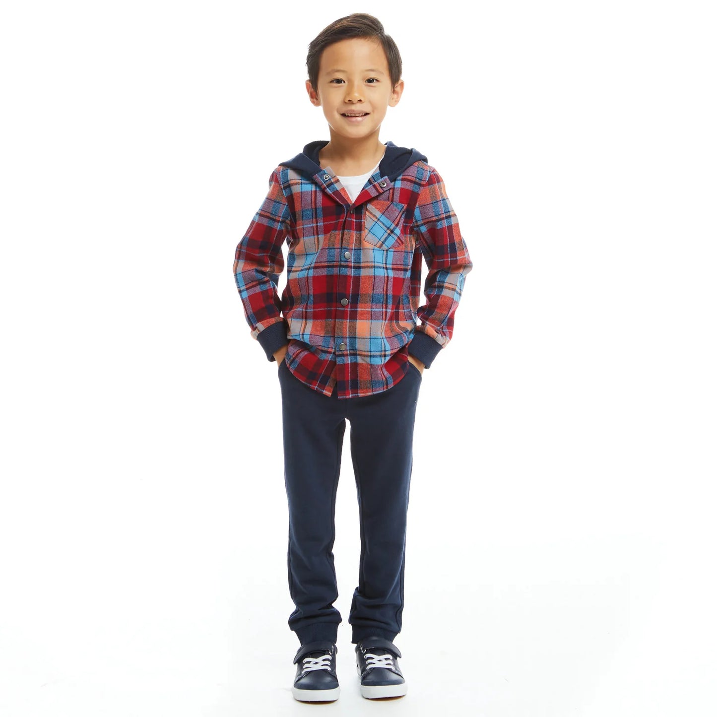 Hooded Flannel Button Down Set in Navy and Red Plaid - Doodlebug's Children's Boutique