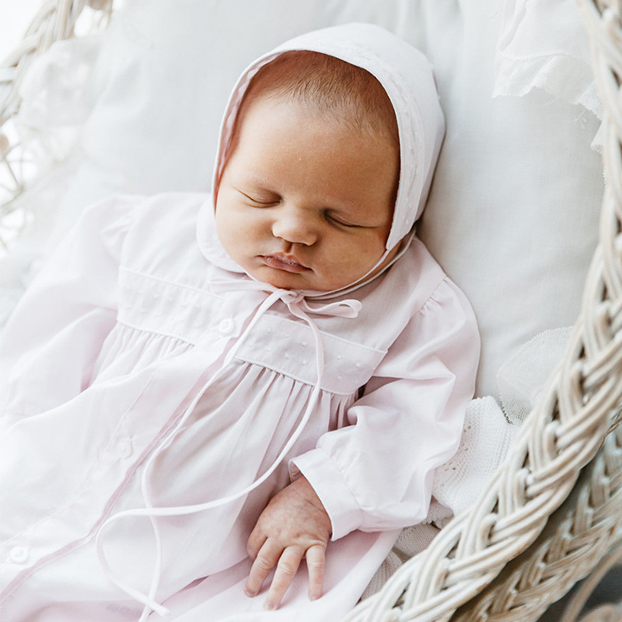 Pink/White Dot Embroidered Take Me Home Gown and Bonnet - Doodlebug's Children's Boutique