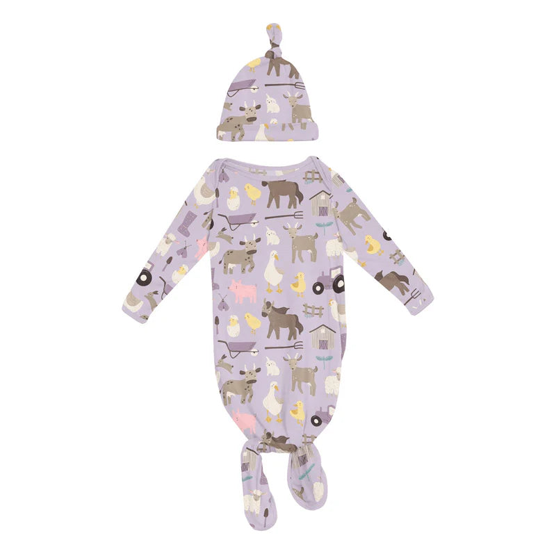 Print Knotted Layette Gown & Hat Set in Thistle Morning on the Farm - Doodlebug's Children's Boutique