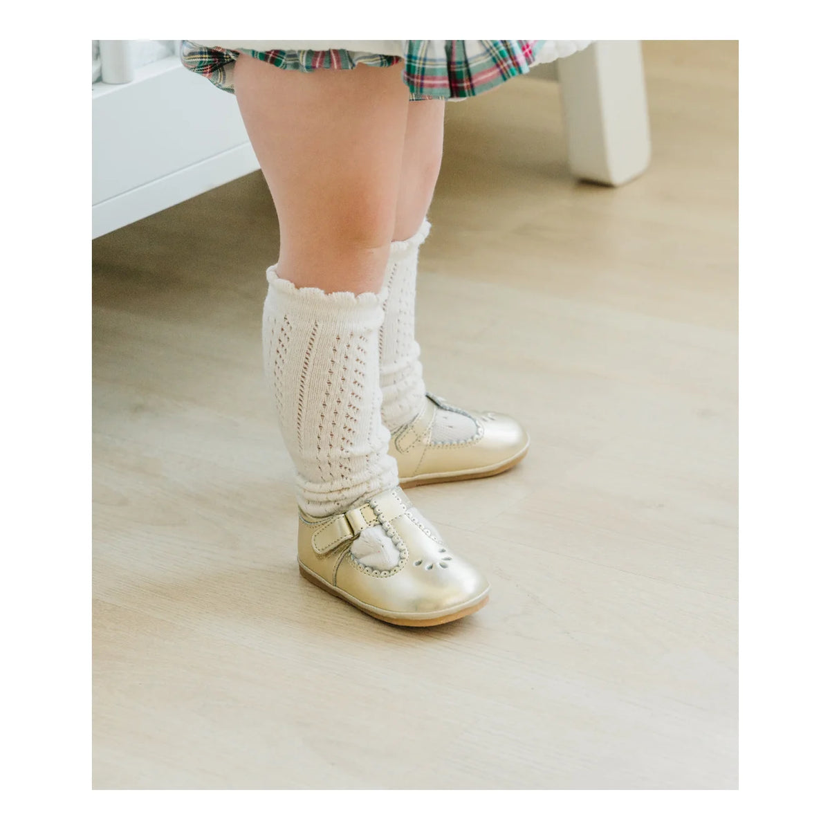 Dottie Scalloped T- Strap Mary Jane in Gold