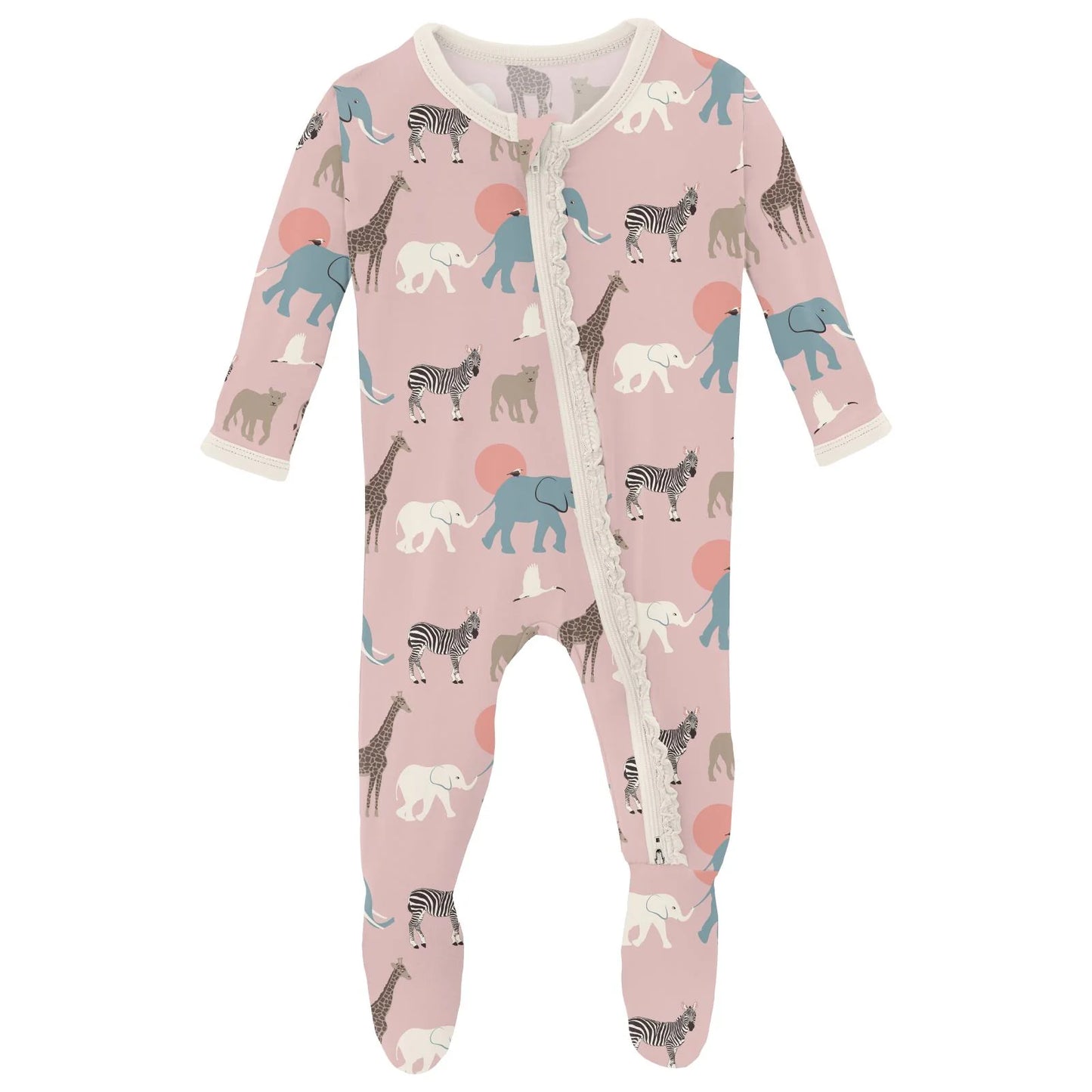 Print Muffin Ruffle Footie with 2 Way Zipper in Baby Rose Just So Animals - Doodlebug's Children's Boutique