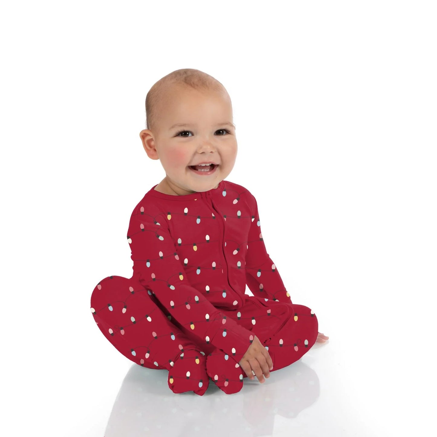 Print Footie with 2 Way Zipper in Crimson Holiday Lights - Doodlebug's Children's Boutique
