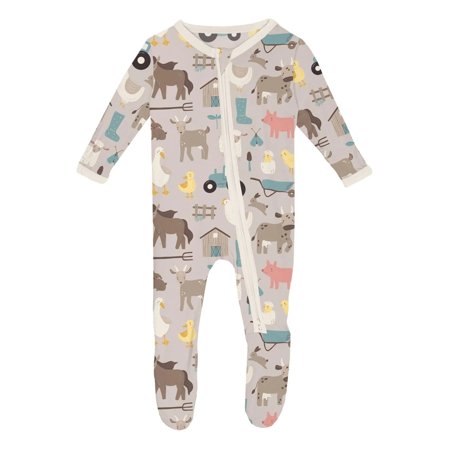 Print Footie with 2 Way Zipper in Latte Mornings on the Farm - Doodlebug's Children's Boutique