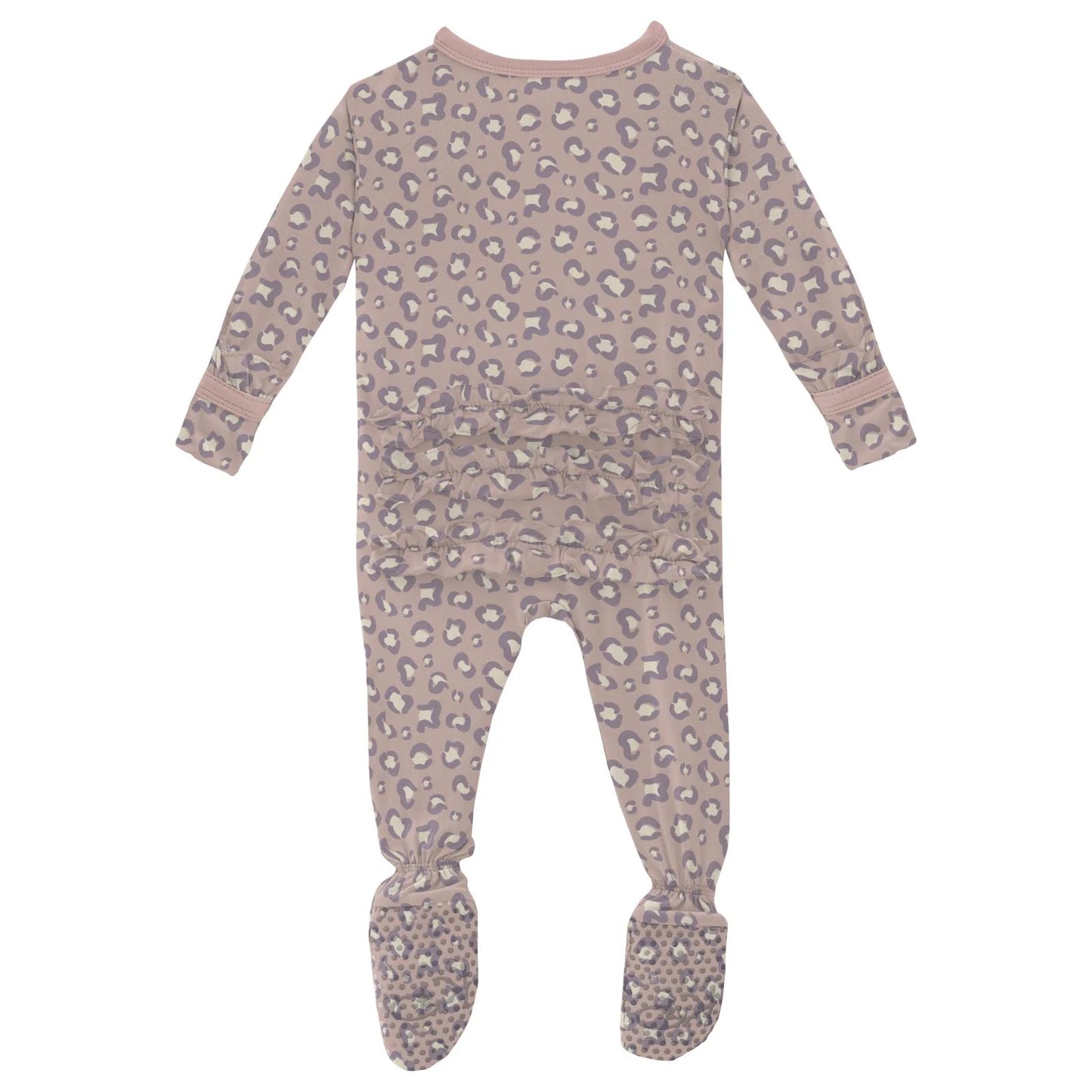 Print Layette Ruffle Footie with 2 Way Zipper in Baby Rose Cheetah Print - Doodlebug's Children's Boutique