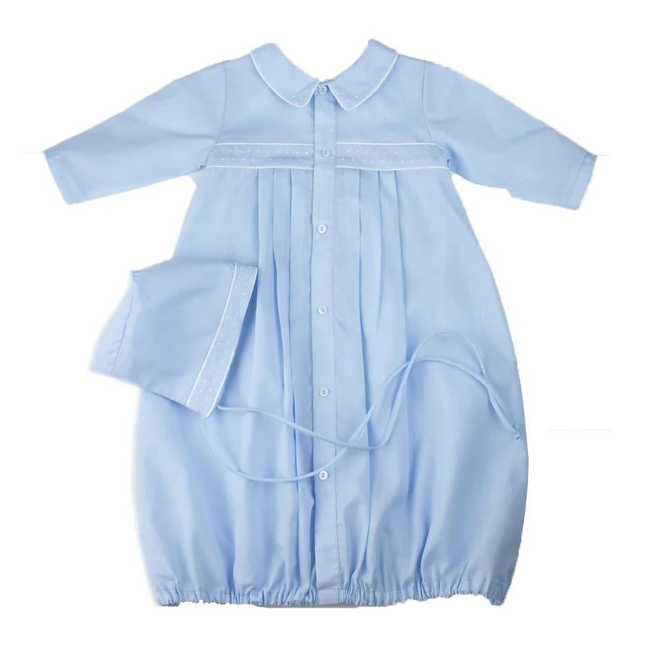 Blue Dot Embroidered Take Me Home Gown and Bonnet - Doodlebug's Children's Boutique