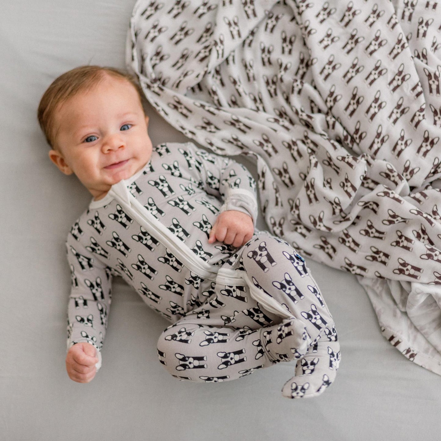 Print Footie with 2 Way Zipper in Dove Bulldogs - Doodlebug's Children's Boutique