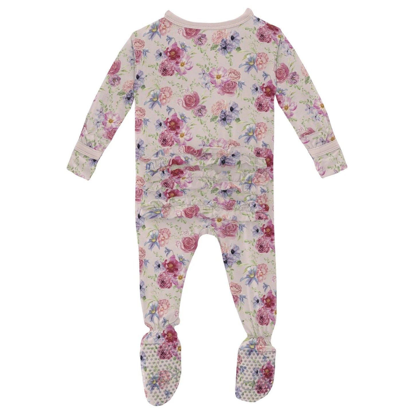 Print Layette Ruffle Footie with 2 Way Zipper in Shrinking Violet Dreamy Floral - Doodlebug's Children's Boutique