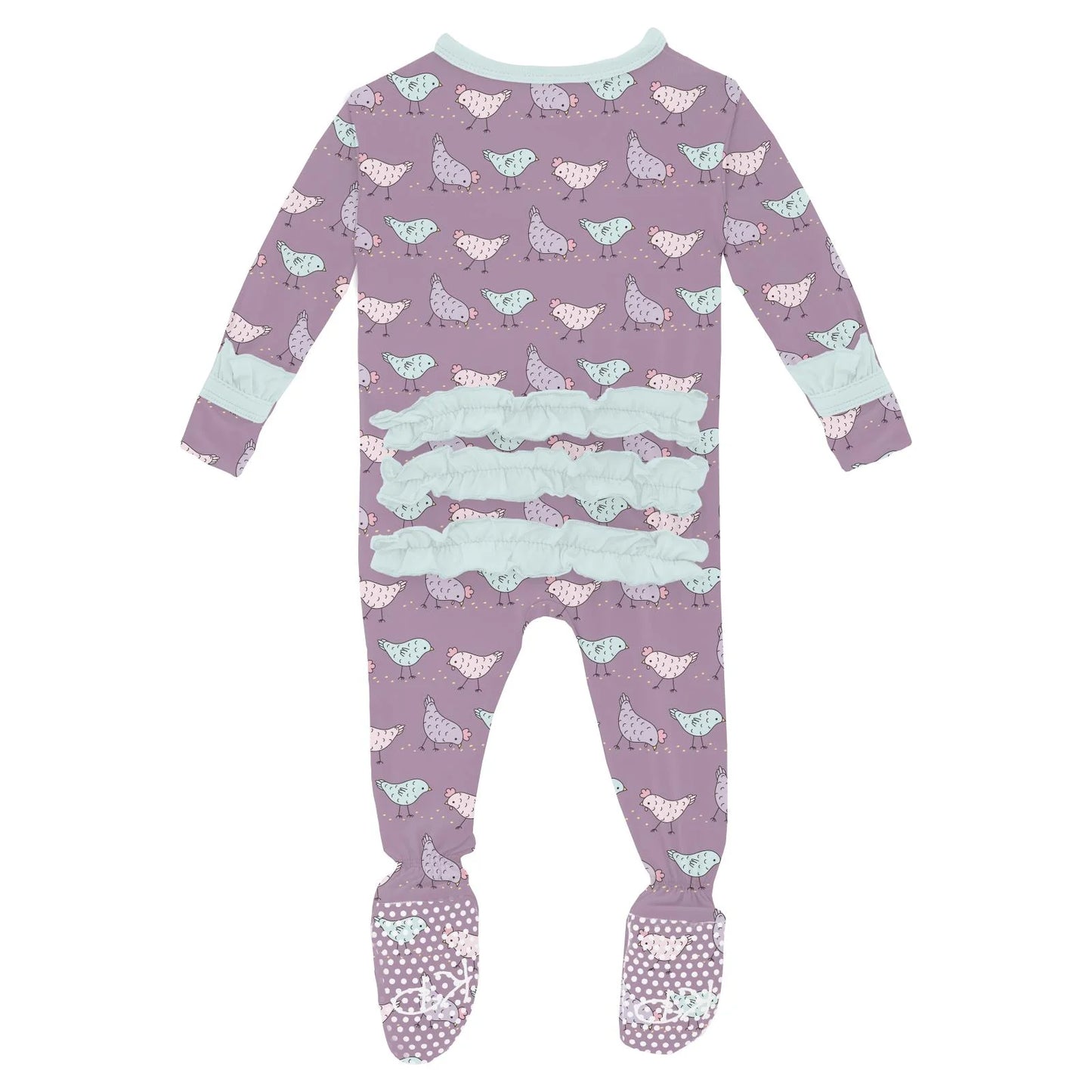Print Classic Ruffle Footie with 2 Way Zipper in Lavender Chickens - Doodlebug's Children's Boutique