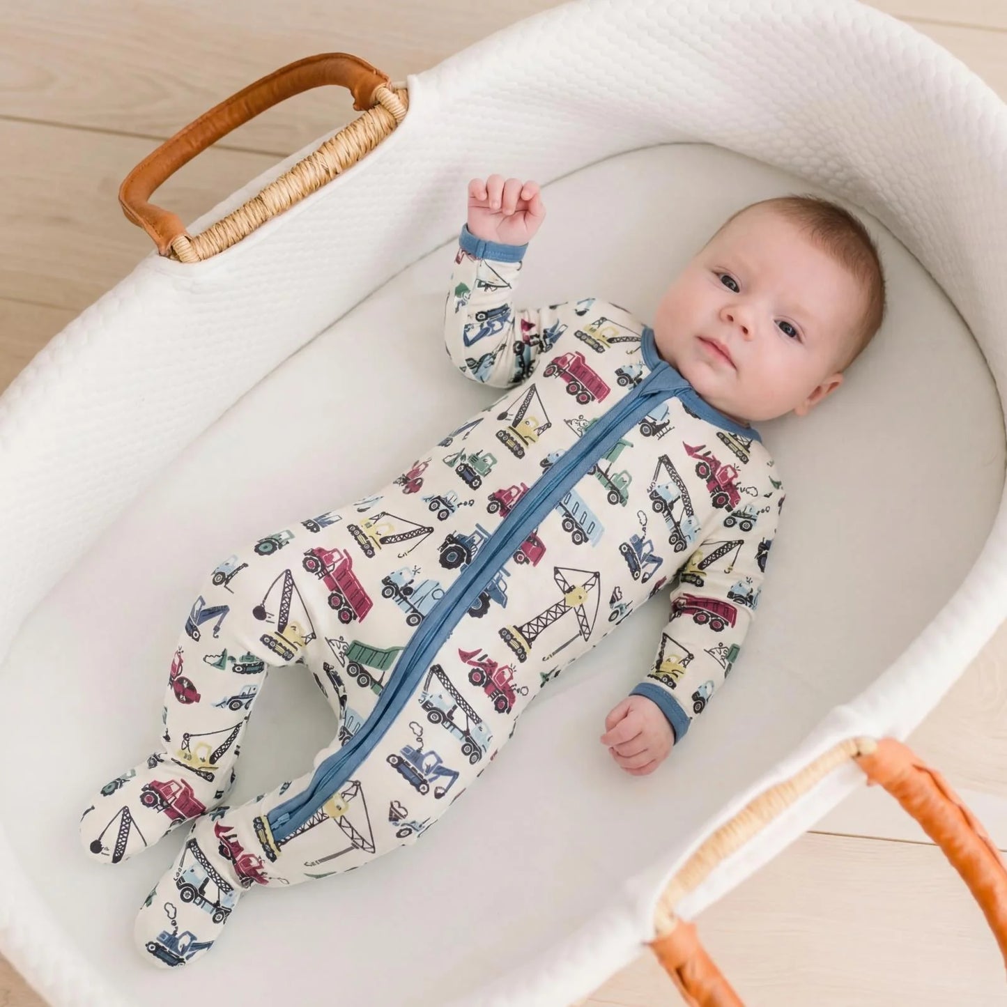 Print Footie with 2 Way Zipper in Natural Construction Trucks - Doodlebug's Children's Boutique
