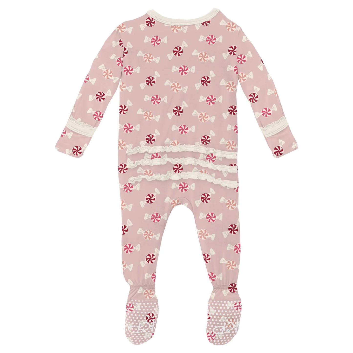 Print Muffin Ruffle Footie with 2 Way Zipper in Baby Rose Peppermints - Doodlebug's Children's Boutique