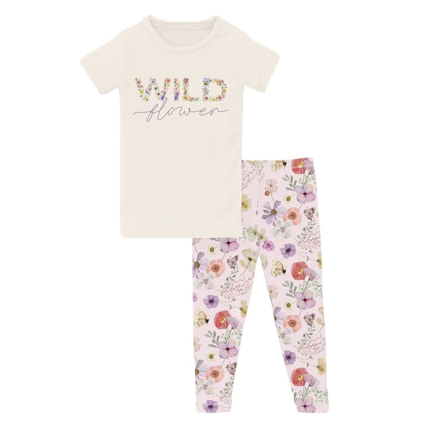 Short Sleeve Graphic Tee Pajama Set in Shrinking Violet Pressed Flowers - Doodlebug's Children's Boutique