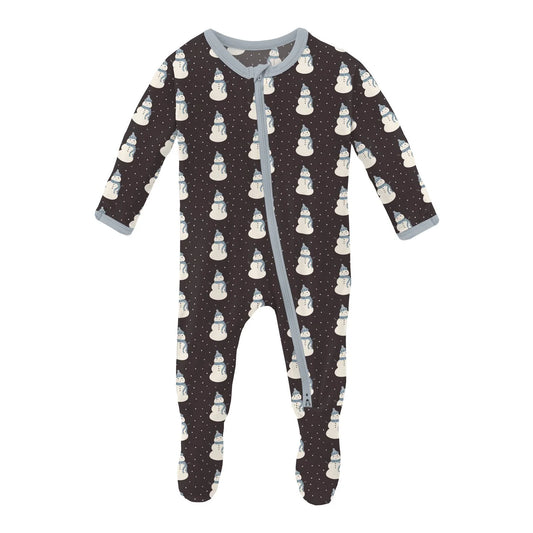 Print Footie with 2 Way Zipper in Midnight Tiny Snowman  - Doodlebug's Children's Boutique