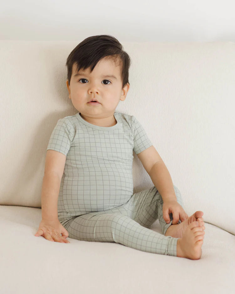 Bamboo Short Sleeve Pajama Set in Sage Grid - Doodlebug's Children's Boutique