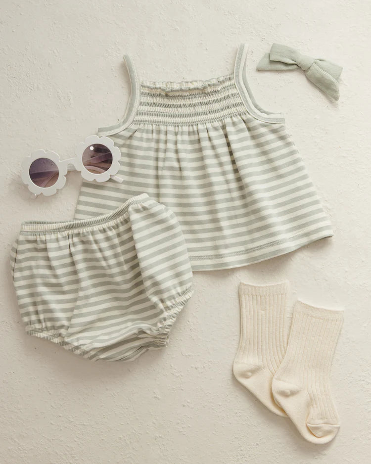 Smocked Tank with Bloomers in Sage Stripe - Doodlebug's Children's Boutique