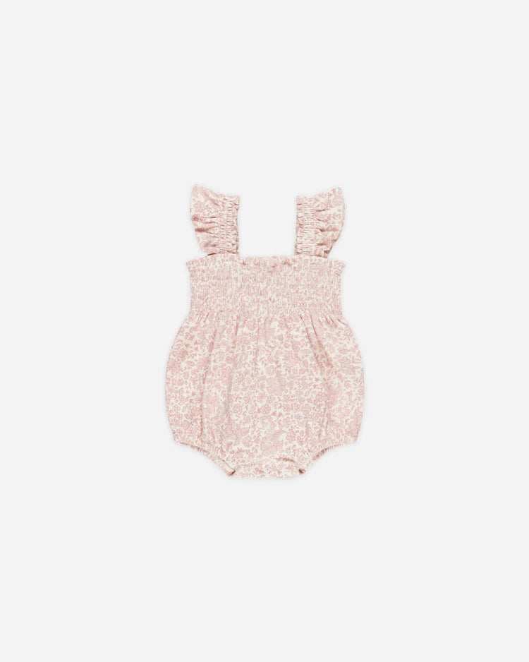 Smocked Ruffle Sleeve Romper in Pink Blossom - Doodlebug's Children's Boutique