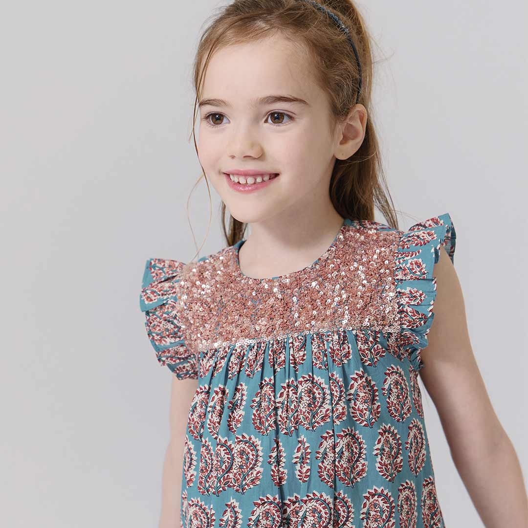 Fiona Ruffle Dress in Blue Paisley - Doodlebug's Children's Boutique