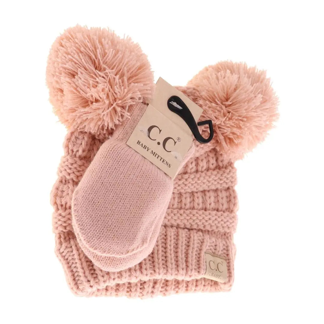 Indie Pink Double Pom Baby Beanie and Mittens Set - Doodlebug's Children's Boutique