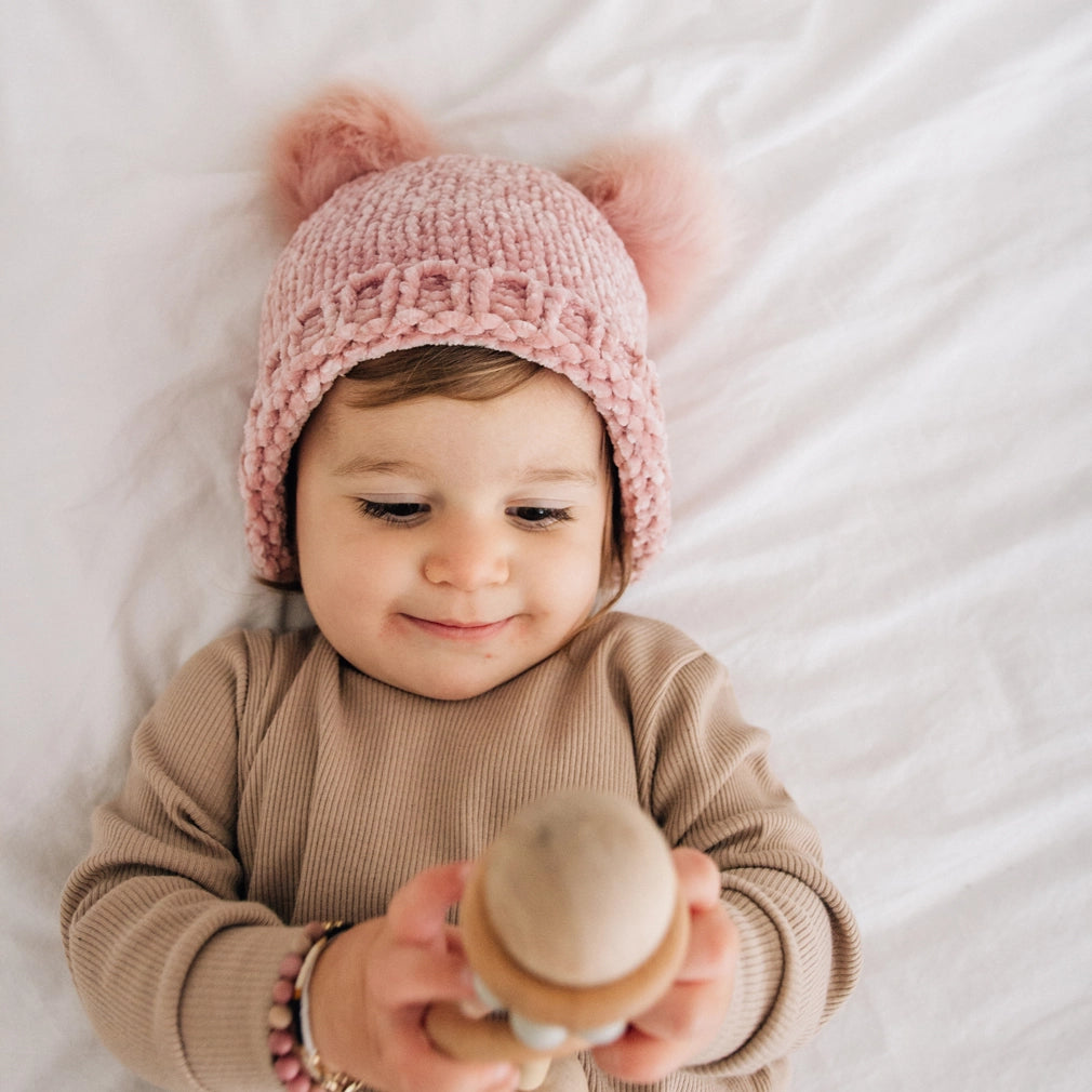 Rosy Pink Chenille Pom Pom Beanie - Doodlebug's Children's Boutique