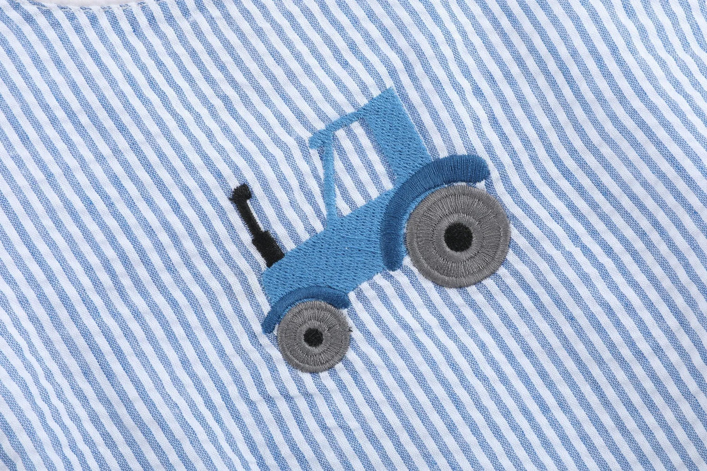 Blue Seersucker Tractor Bubble Romper - Doodlebug's Children's Boutique
